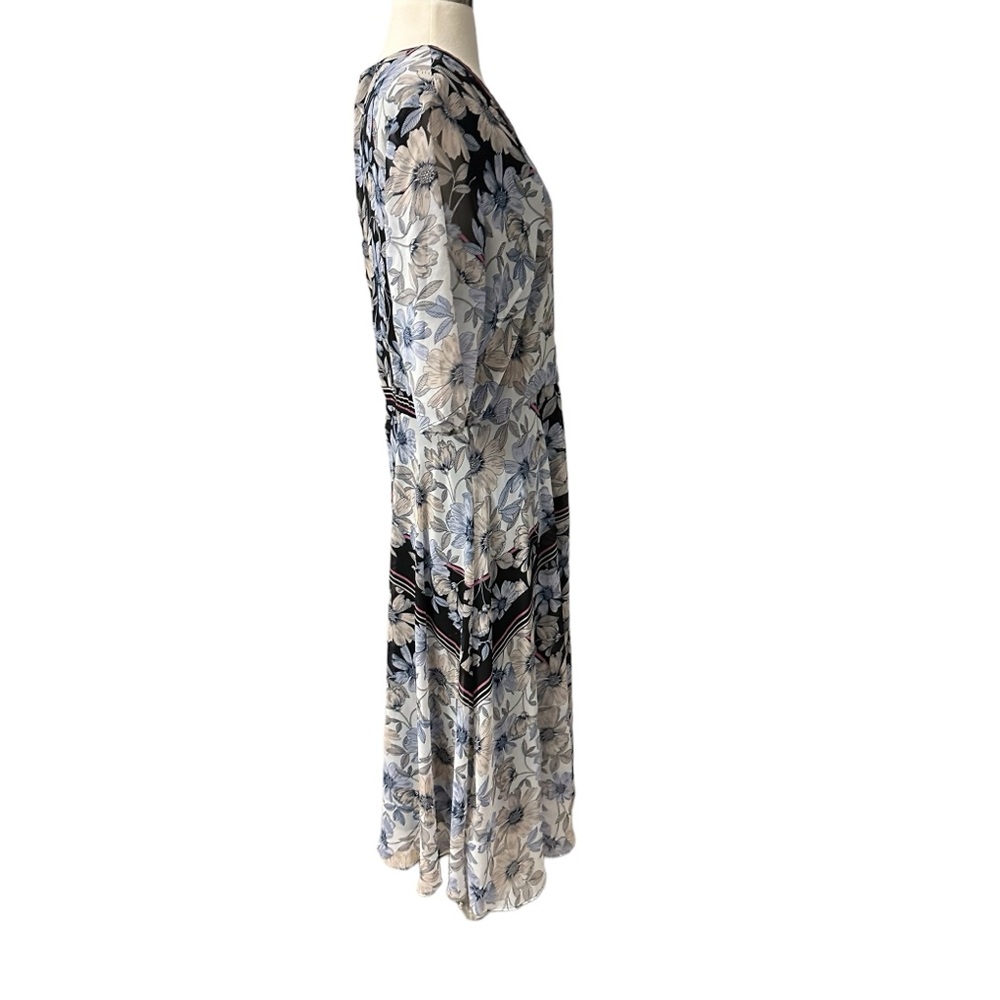 Maison Tara Blue Pink Black Tan Gray Floral Nouveau Chiffon Midi Dress Size 14 - Picture 6 of 12